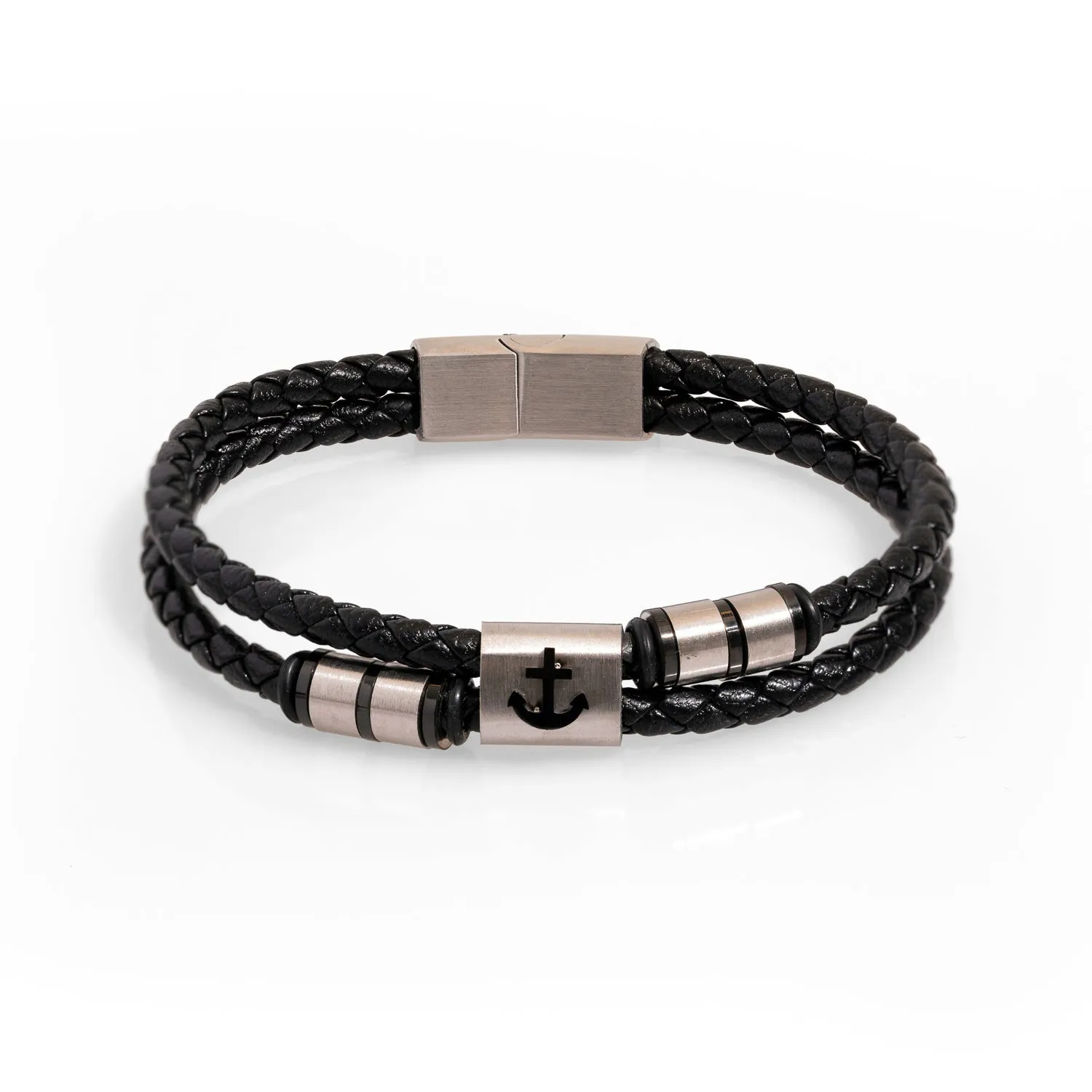 Silver Anchor Design Black Leather Men's Style Bracelet