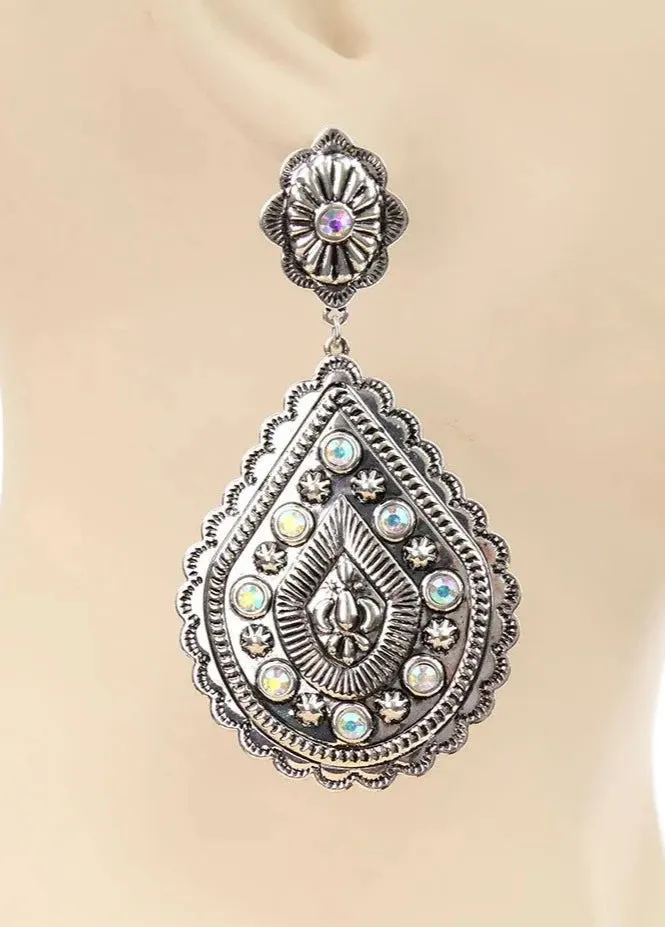 Silver Flat Metal LIGHT WEIGHT Stamped Earrings with Rhinestones