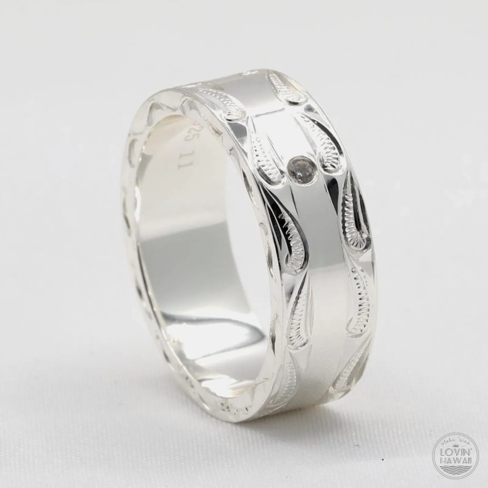 Silver Hawaiian Rings, Hand Engraved with Hawaiian Scroll Design (8MM, Flat Style) )
