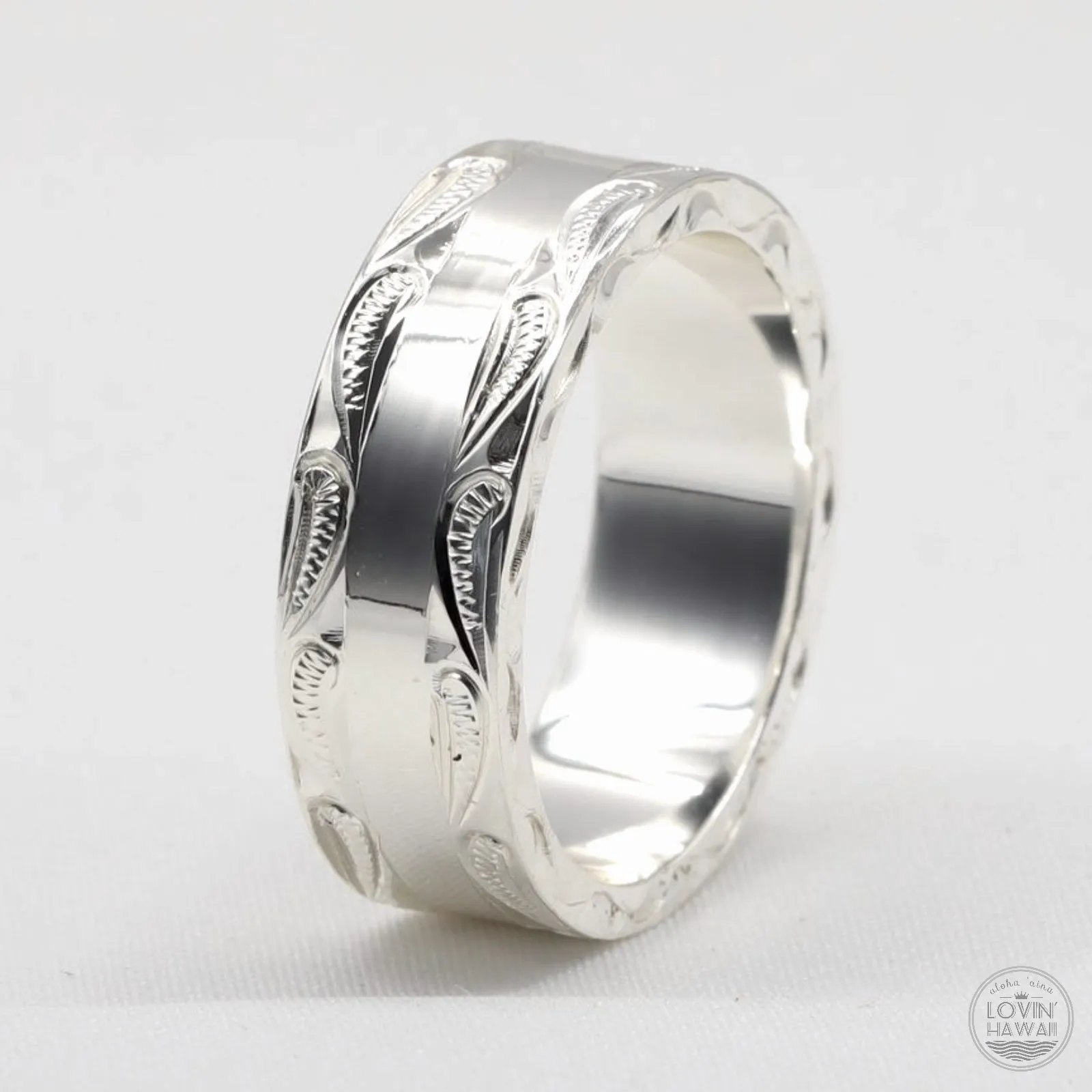Silver Hawaiian Rings, Hand Engraved with Hawaiian Scroll Design (8MM, Flat Style) )