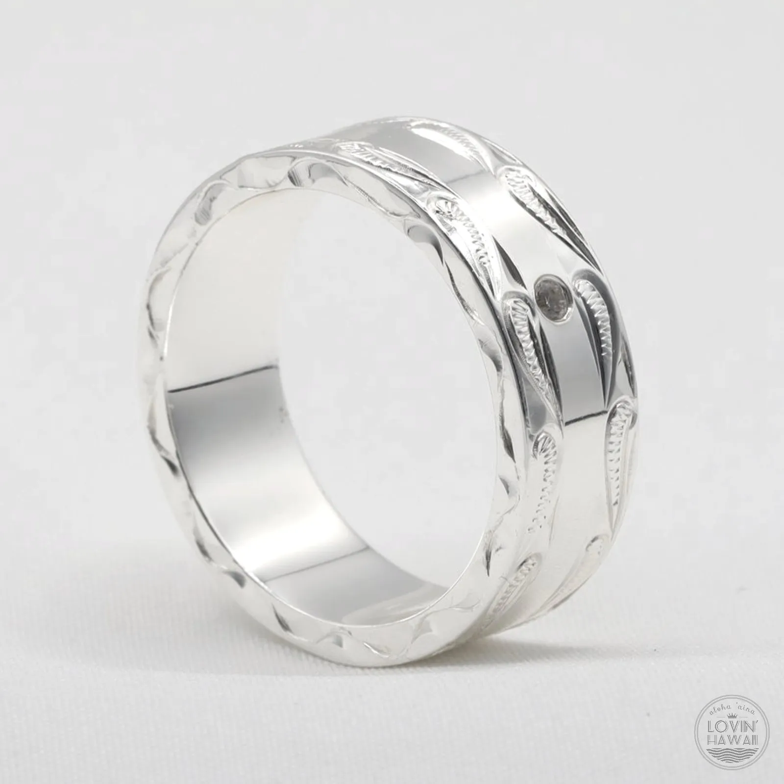 Silver Hawaiian Rings, Hand Engraved with Hawaiian Scroll Design (8MM, Flat Style) )