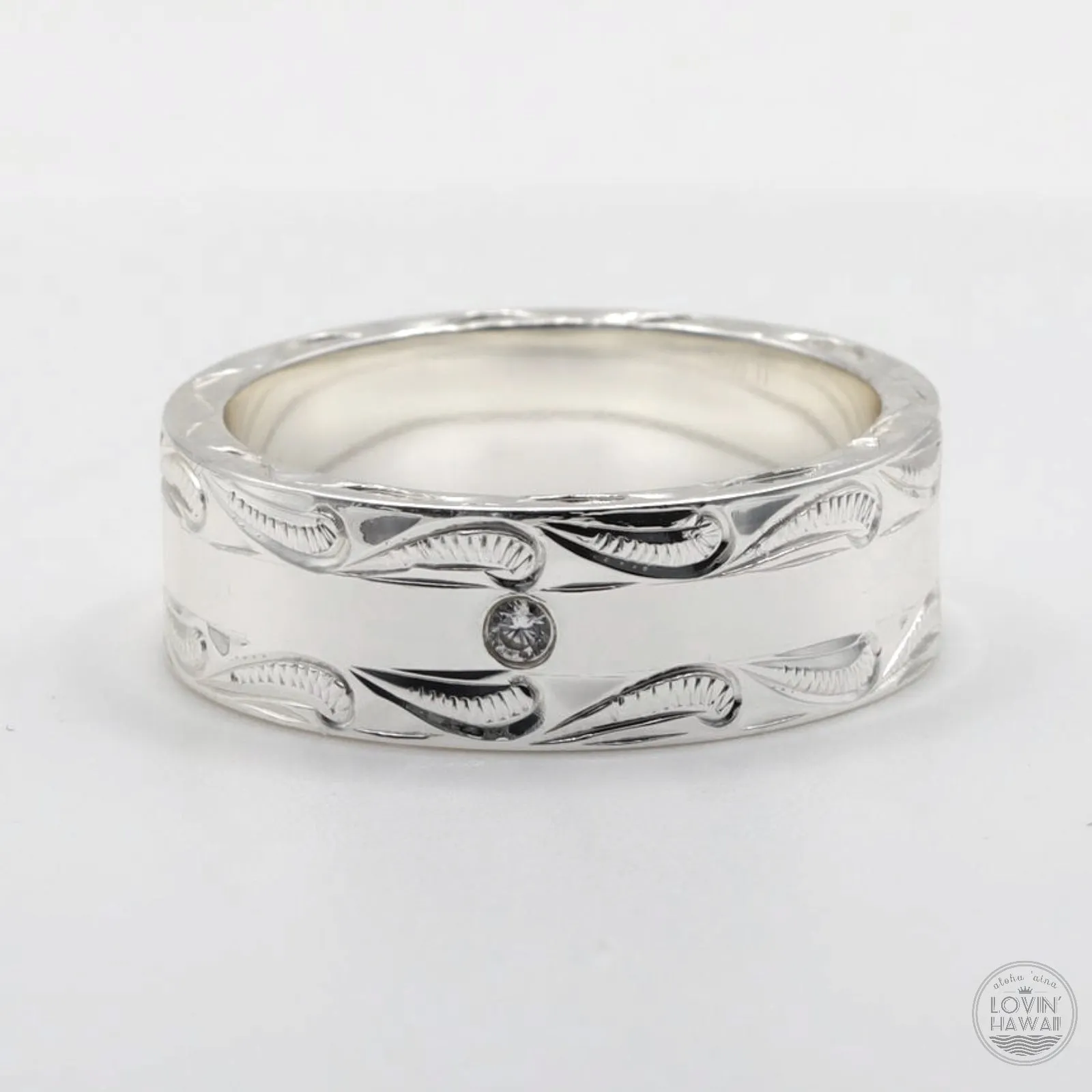 Silver Hawaiian Rings, Hand Engraved with Hawaiian Scroll Design (8MM, Flat Style) )