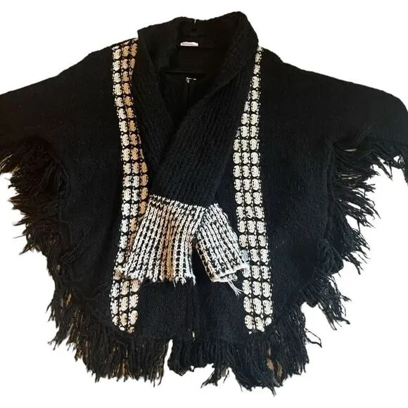 Silvia Fashion Zip Front Cape Poncho Sweater &amp; Scarf Alpaca /Cotton Black White