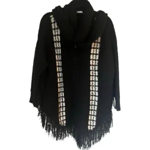 Silvia Fashion Zip Front Cape Poncho Sweater &amp; Scarf Alpaca /Cotton Black White