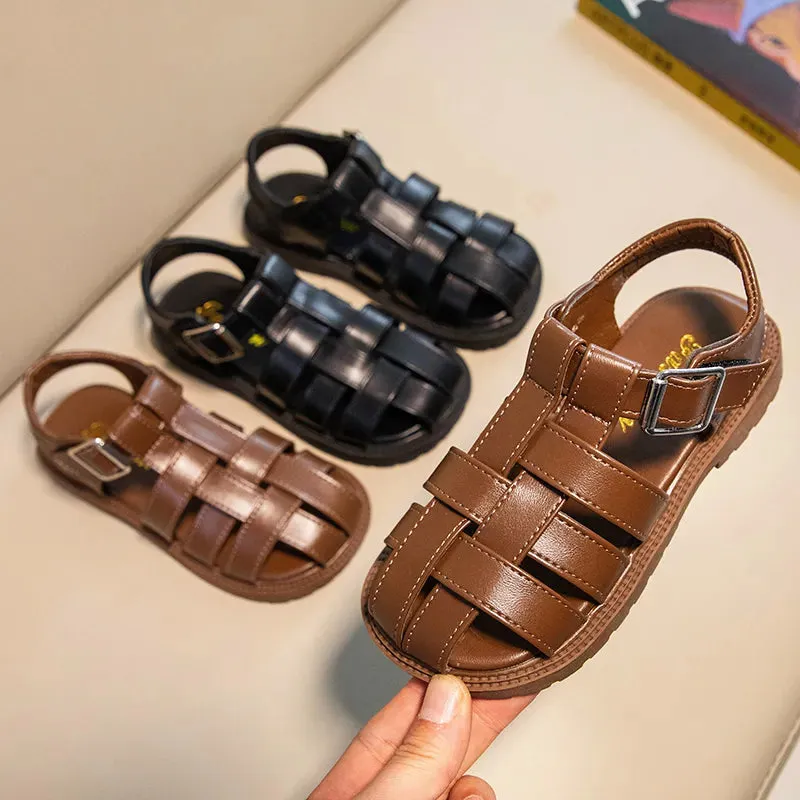Simple British Style Black Versatile Hollow Out Boys and Girls Young Children Roman Shoes Non-slip Kids Fashion