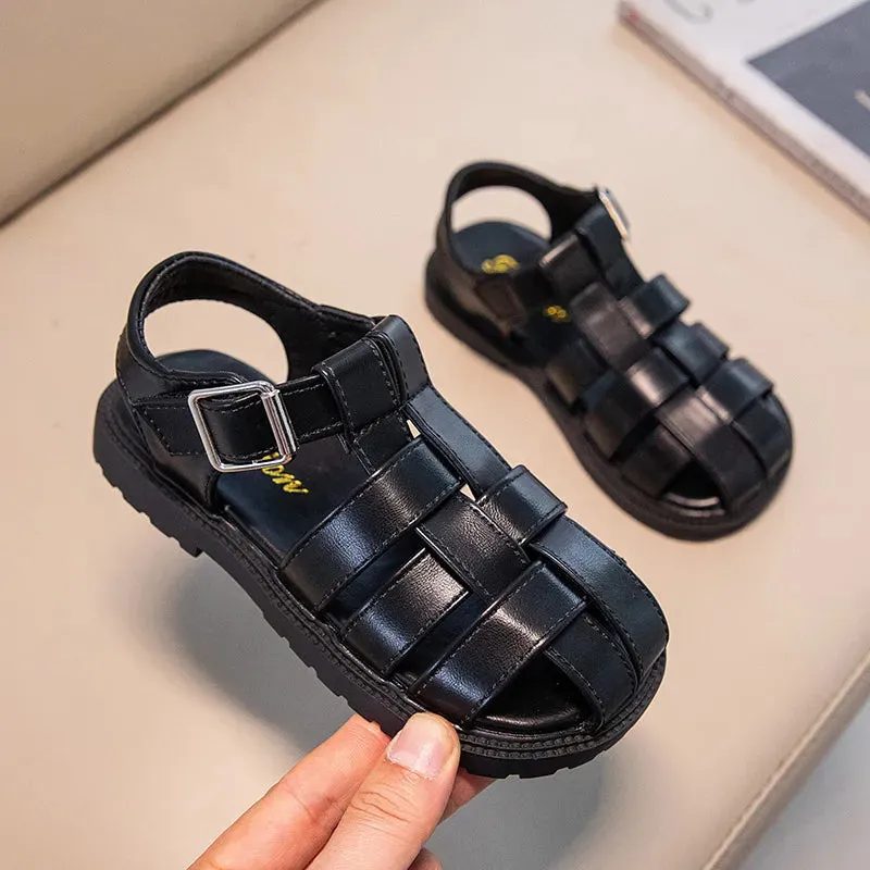 Simple British Style Black Versatile Hollow Out Boys and Girls Young Children Roman Shoes Non-slip Kids Fashion