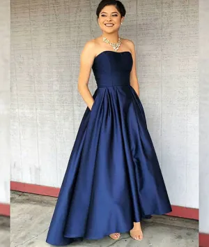 Simple dark blue satin prom dress, dark blue evening dress