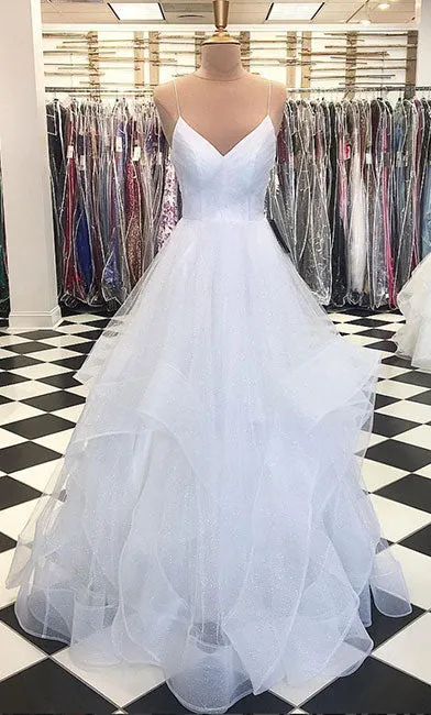 Simple white v neck tulle long prom dress, white evening dress