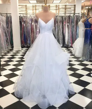 Simple white v neck tulle long prom dress, white evening dress