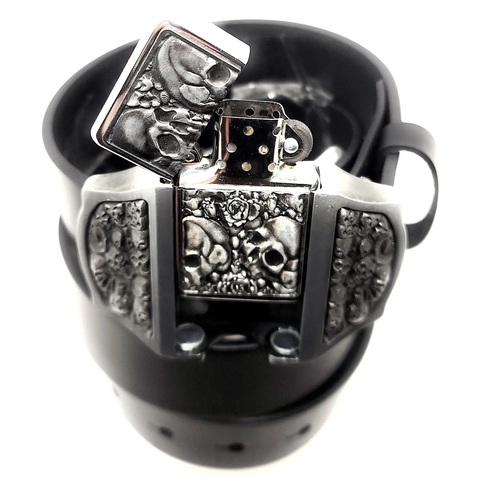 Skulls & Roses Lighter Buckle Leather Belt