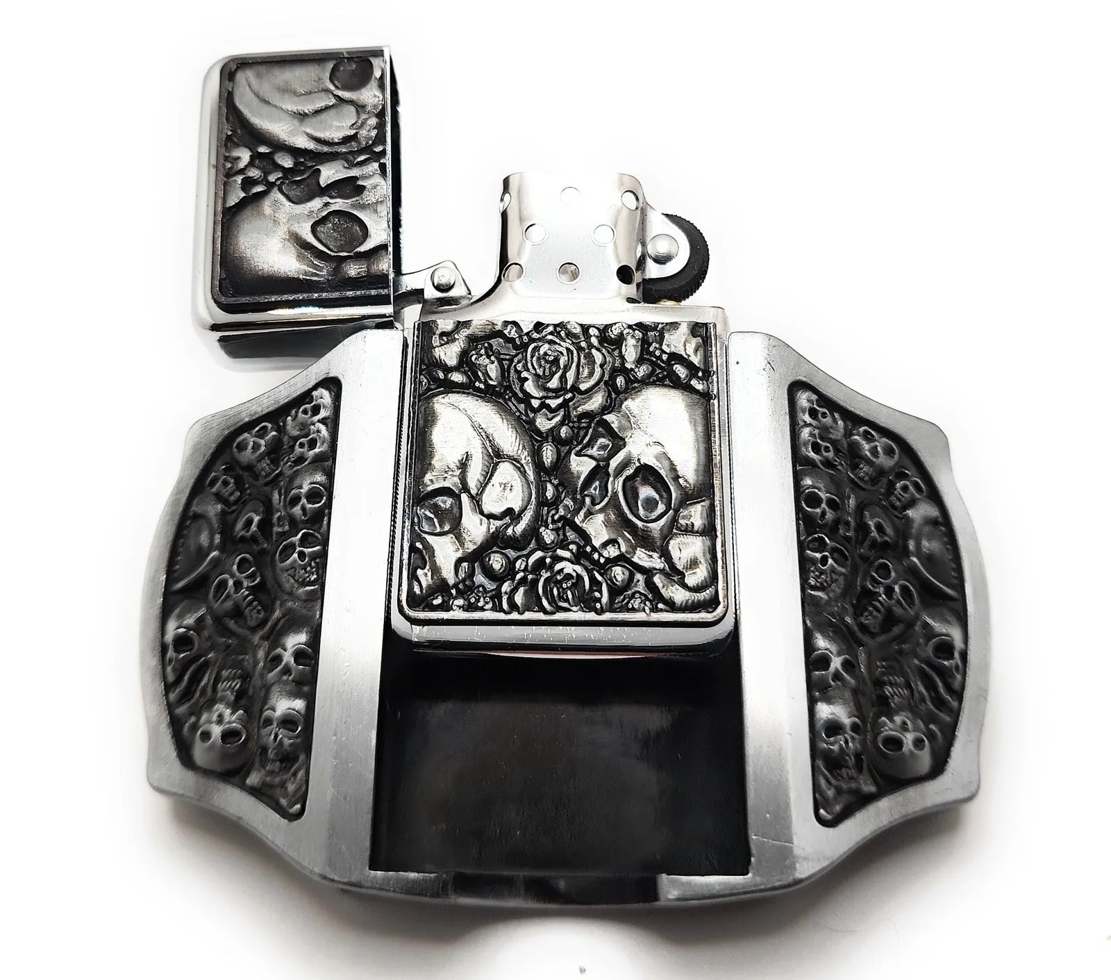 Skulls & Roses Lighter Buckle Leather Belt