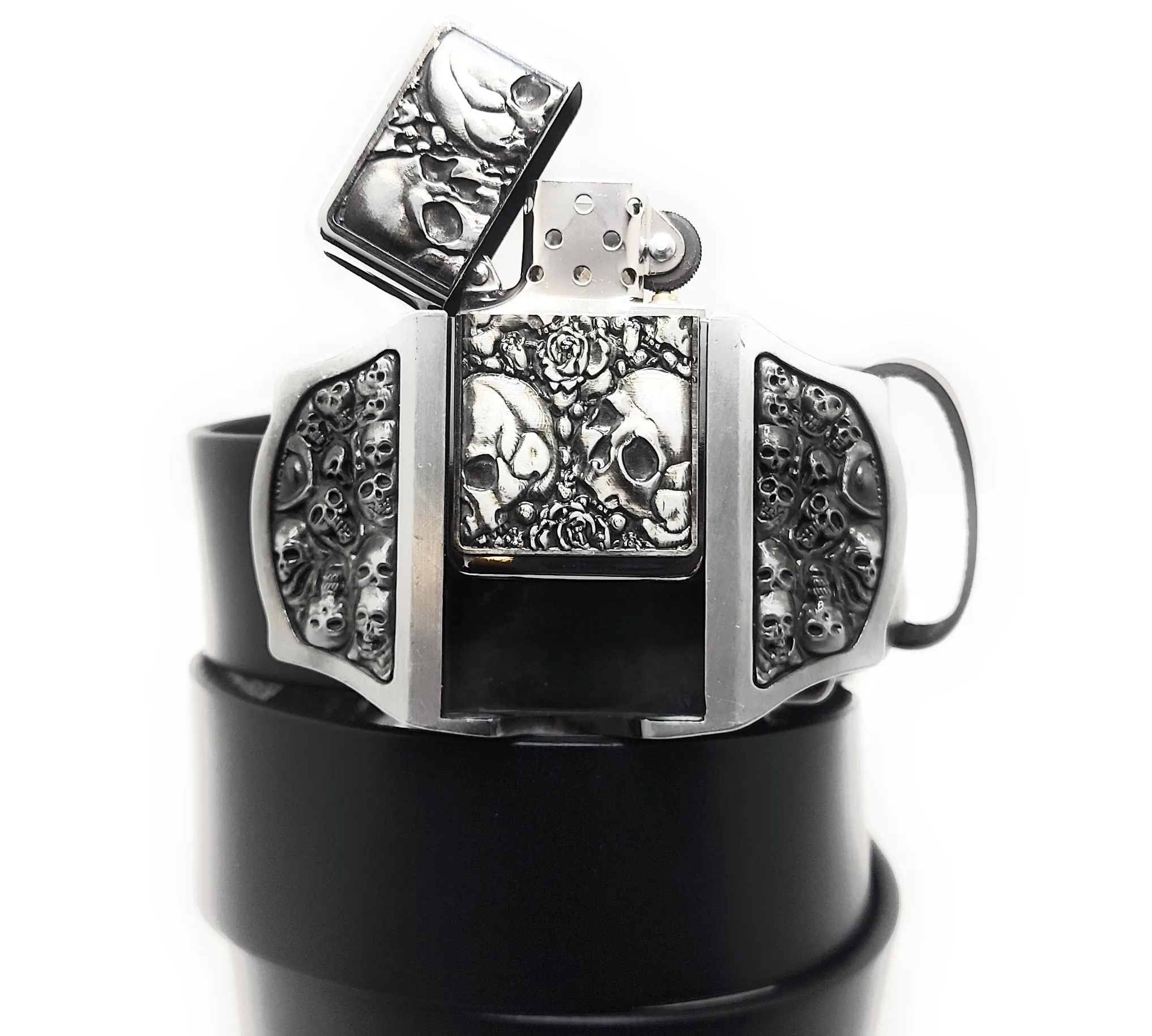 Skulls & Roses Lighter Buckle Leather Belt