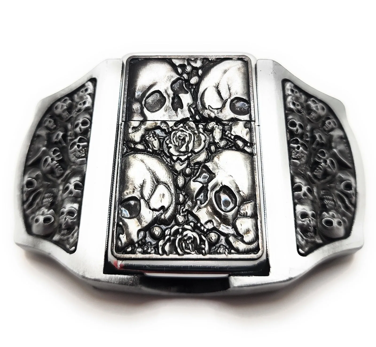 Skulls & Roses Lighter Buckle Leather Belt