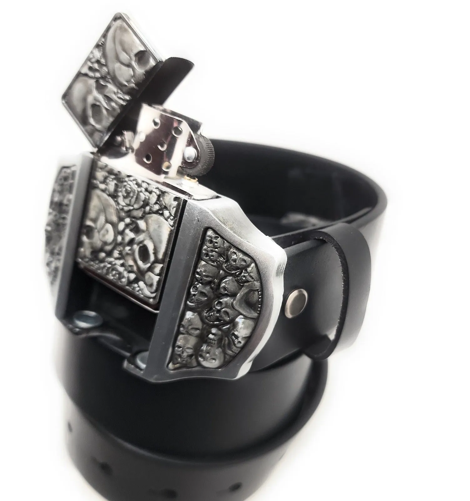 Skulls & Roses Lighter Buckle Leather Belt