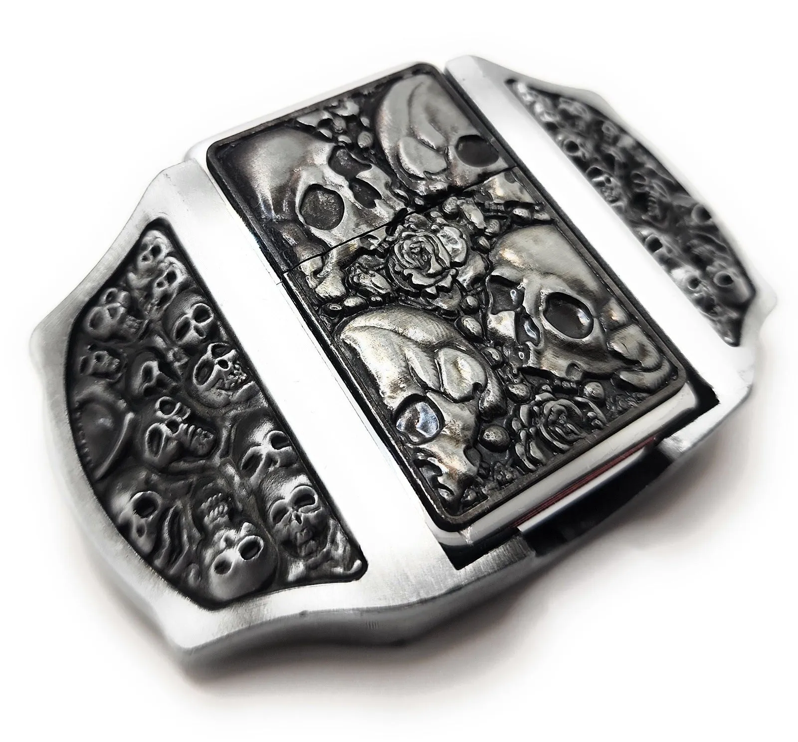 Skulls & Roses Lighter Buckle Leather Belt