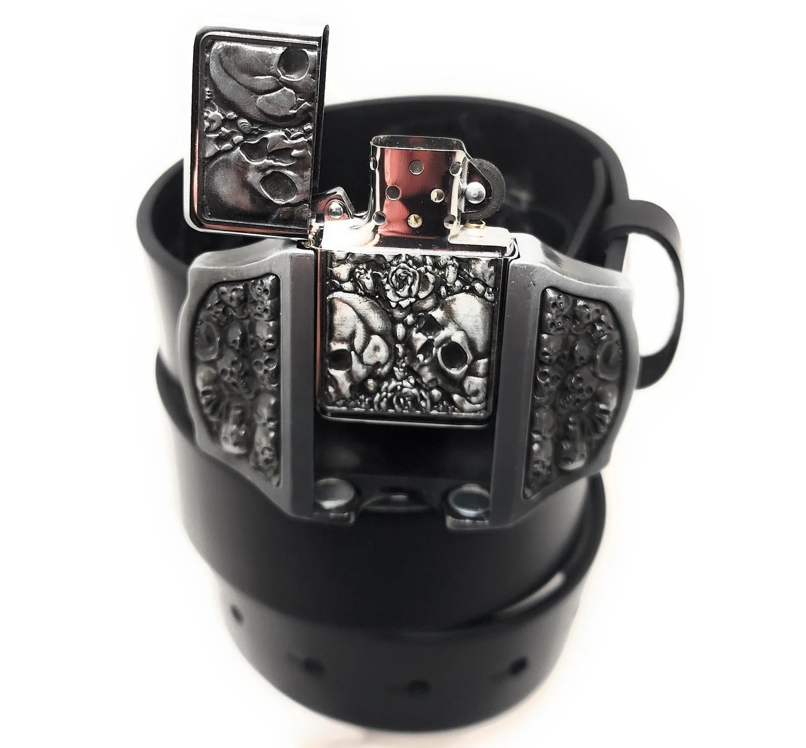 Skulls & Roses Lighter Buckle Leather Belt
