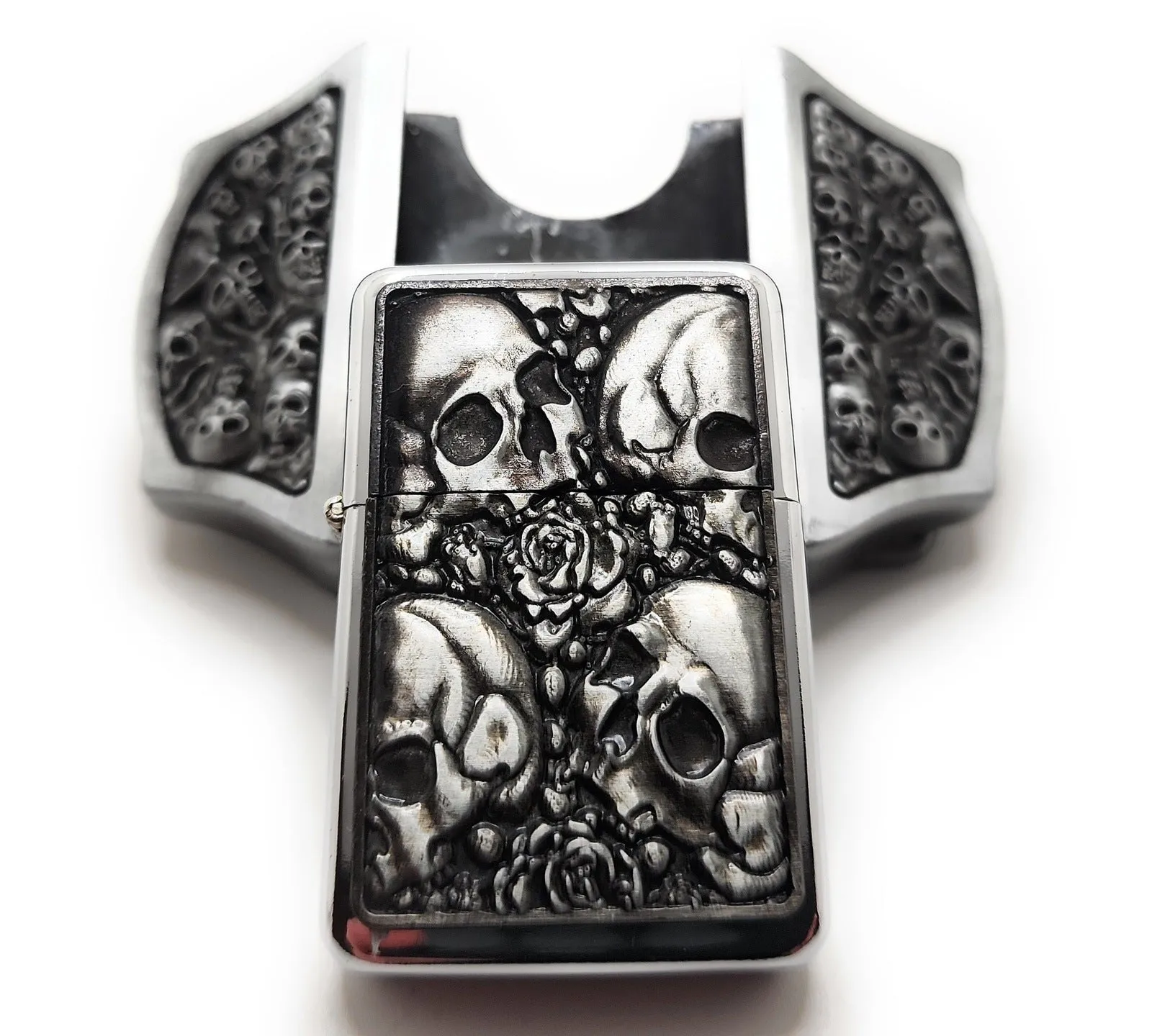 Skulls & Roses Lighter Buckle Leather Belt