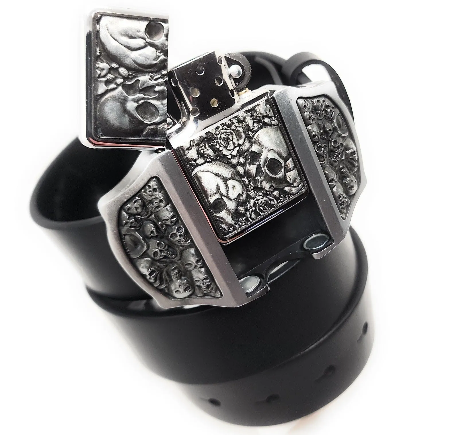 Skulls & Roses Lighter Buckle Leather Belt