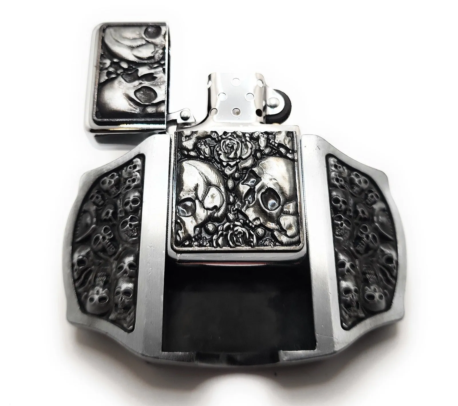 Skulls & Roses Lighter Buckle Leather Belt