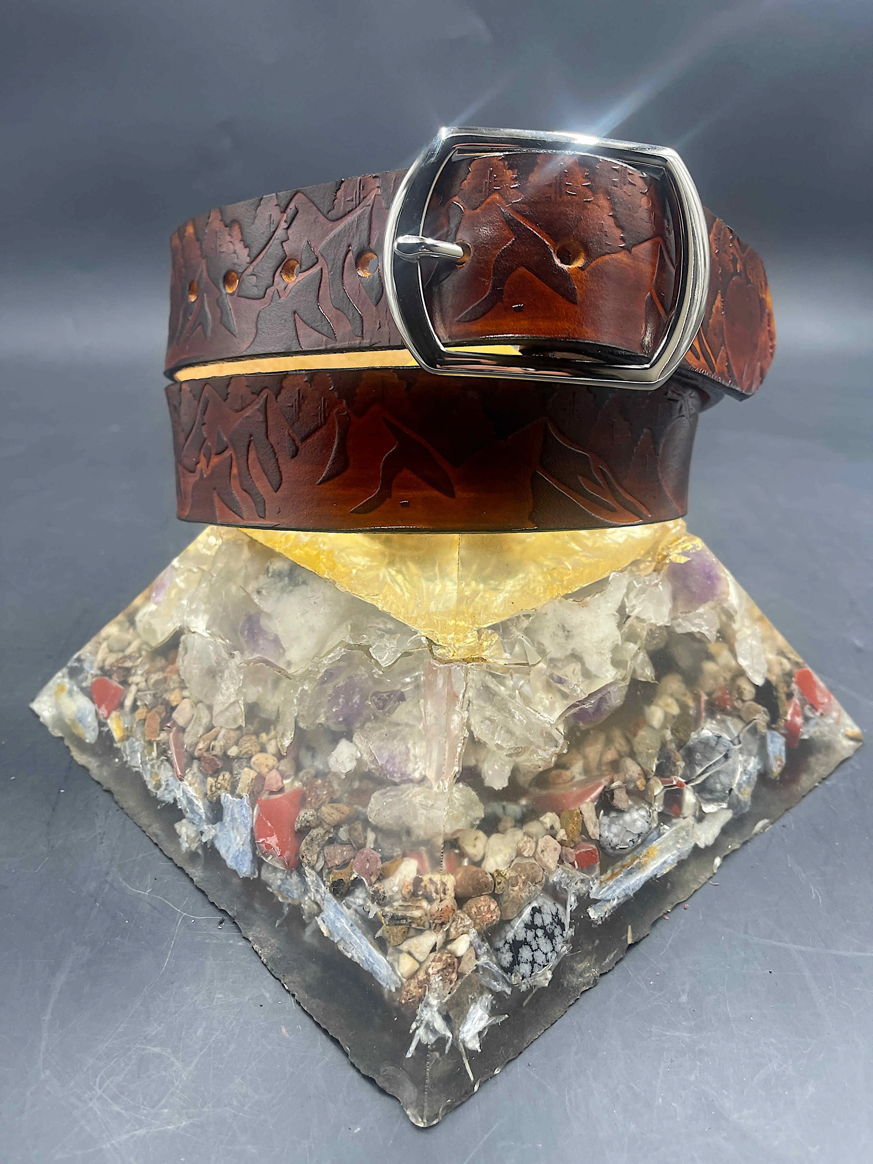 Stamped Leather Belt - Mountains