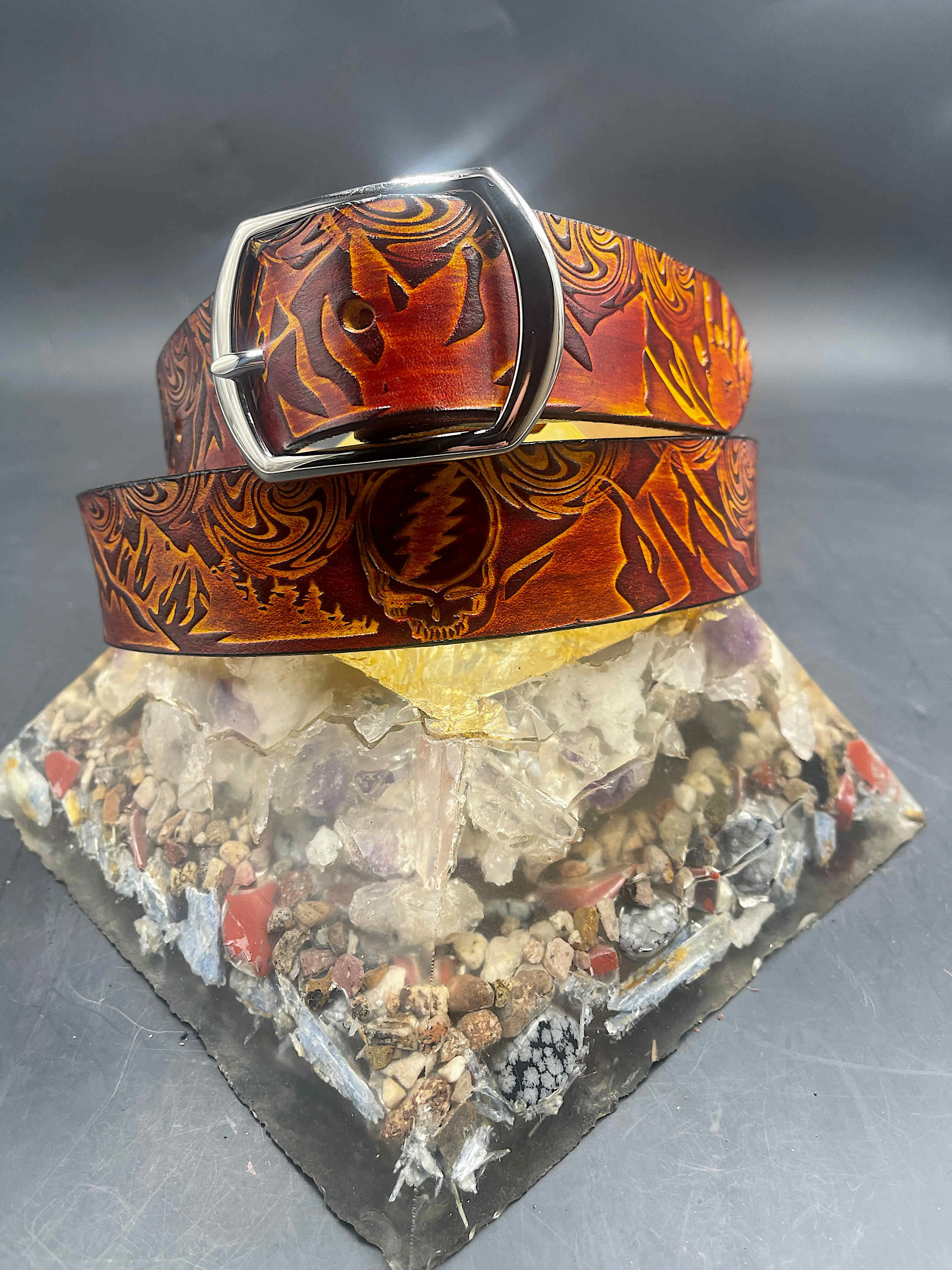 Stamped Leather Belt - Mountains