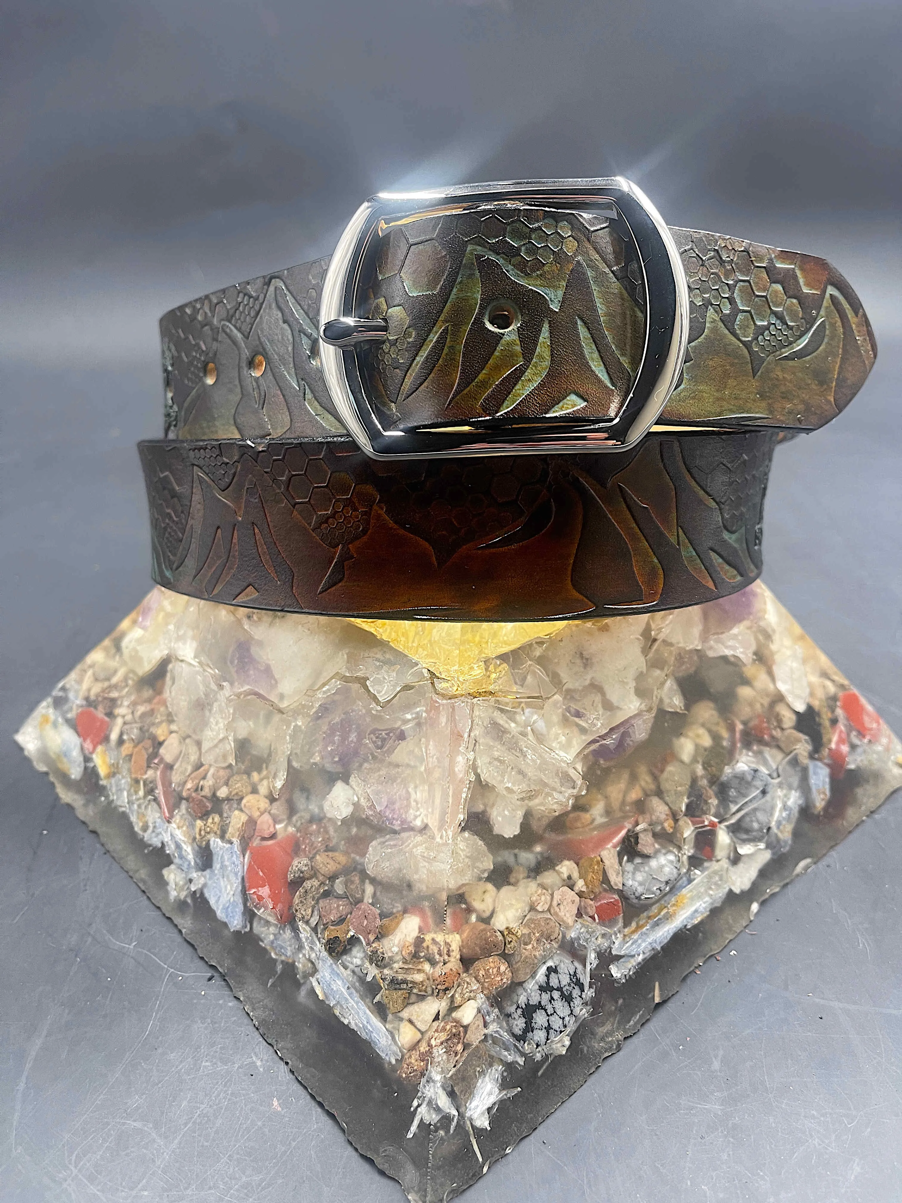 Stamped Leather Belt - Mountains