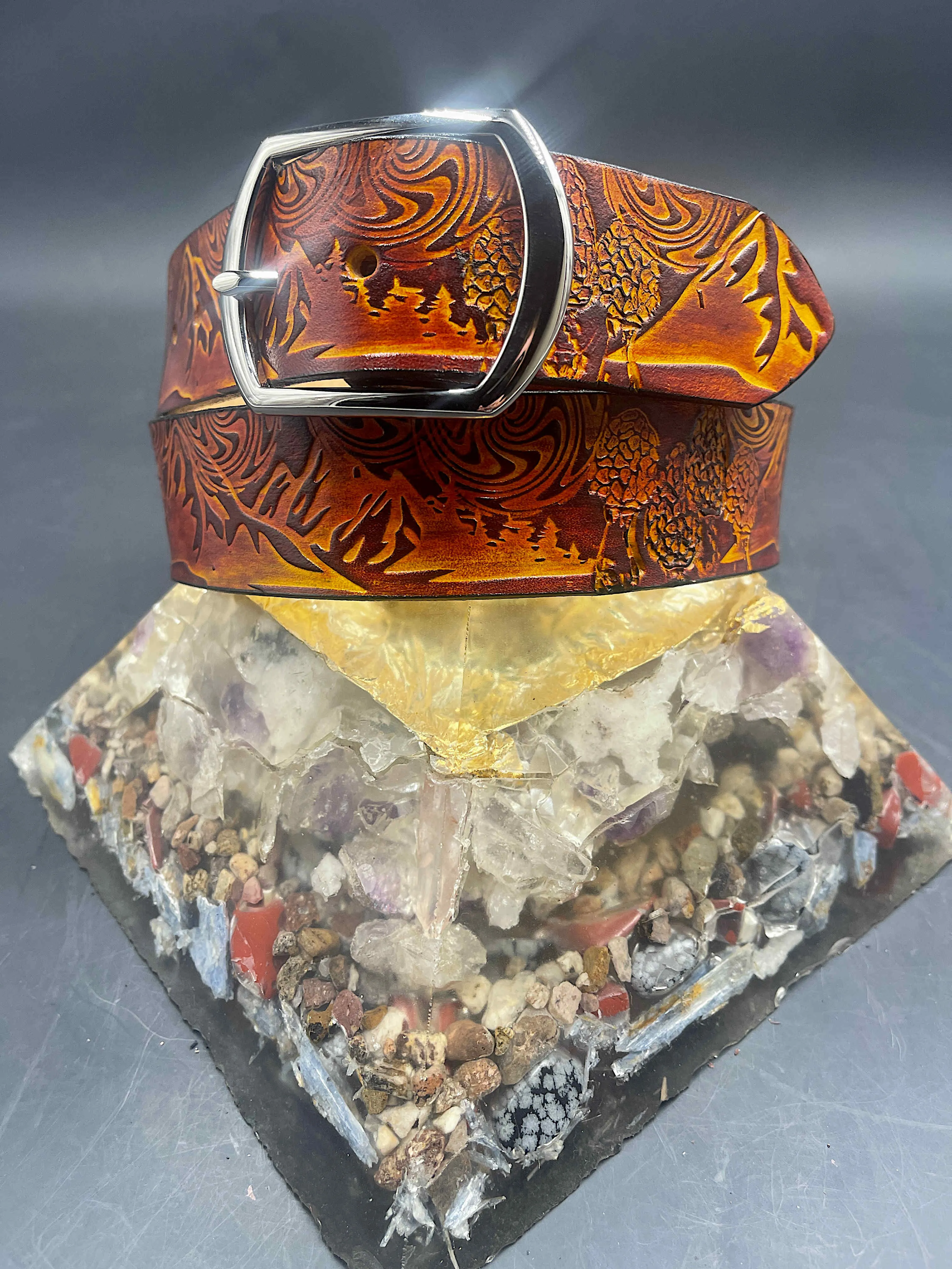 Stamped Leather Belt - Mountains