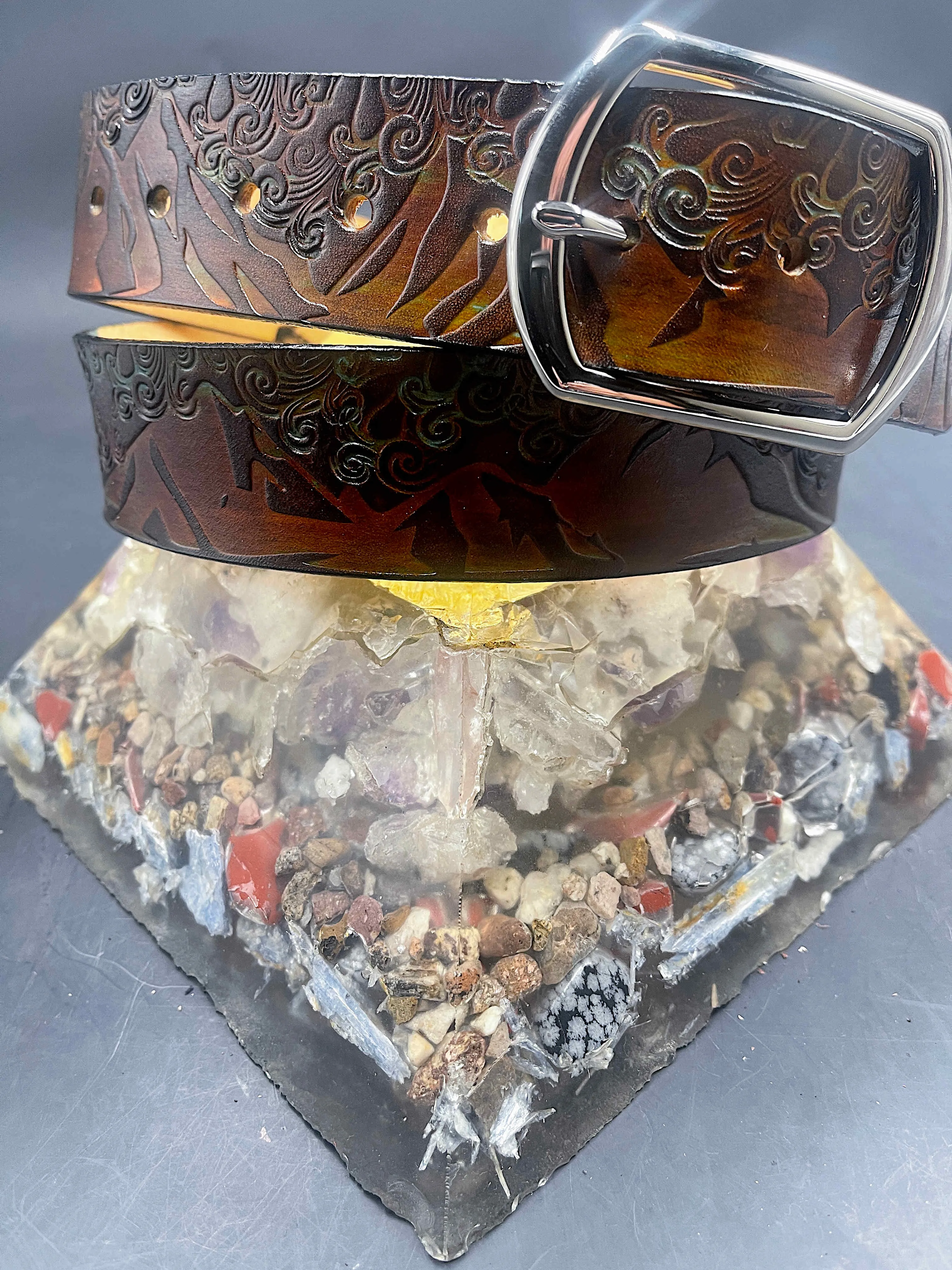 Stamped Leather Belt - Mountains