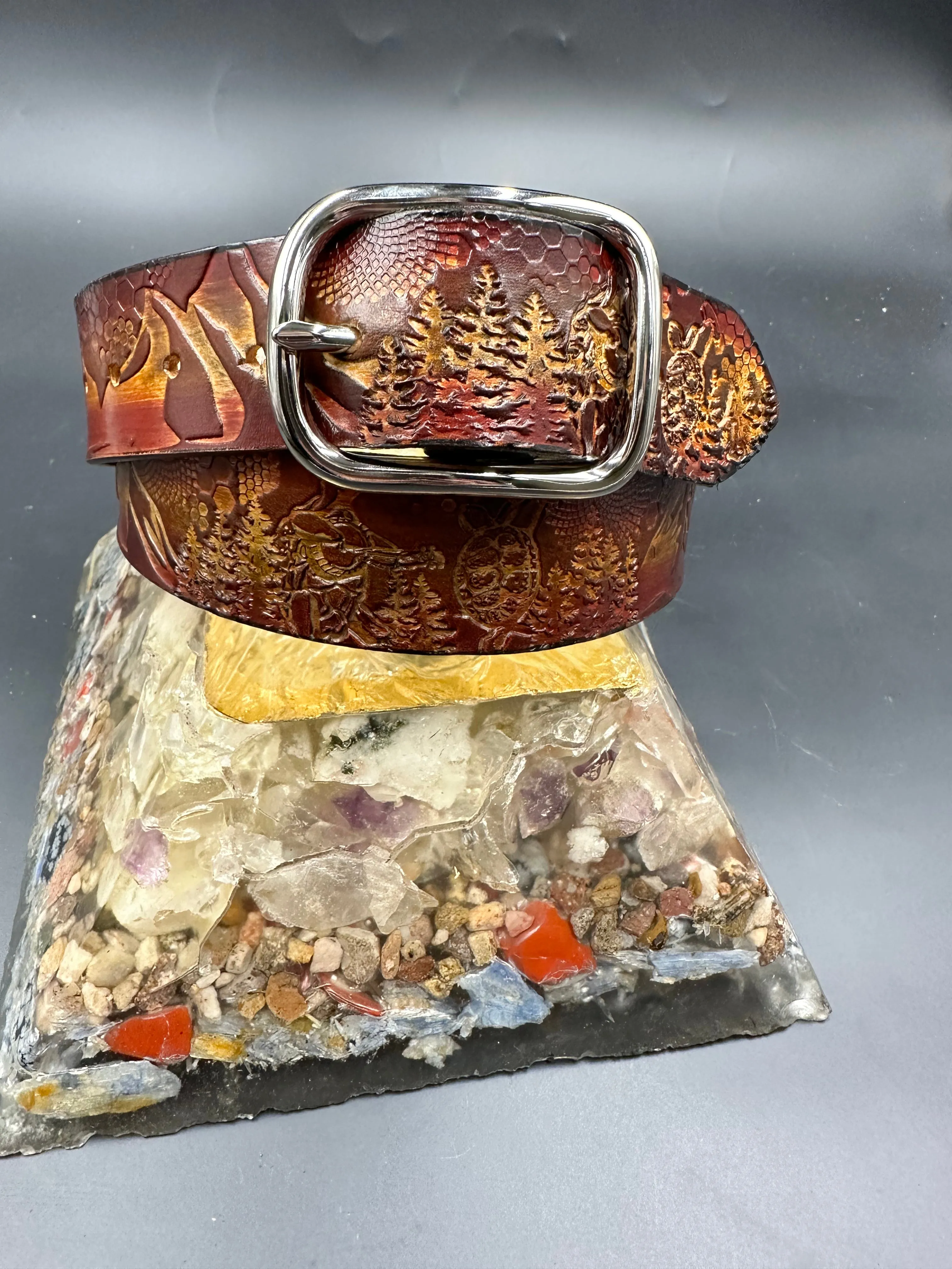 Stamped Leather Belt - Mountains