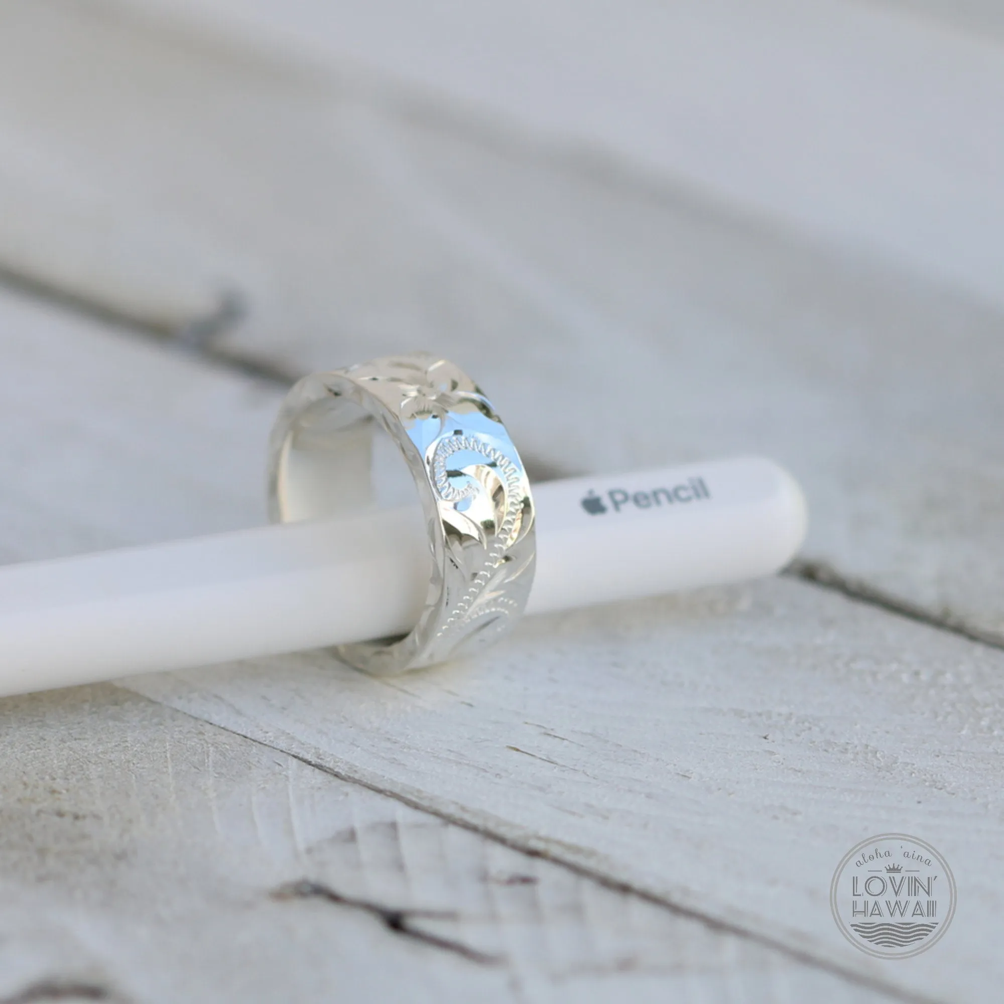 Sterling Silver Hawaiian Ring, Hand Engraved with Hawaiian Heirloom Design (8MM, Flat Style) )