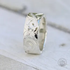 Sterling Silver Hawaiian Ring, Hand Engraved with Hawaiian Heirloom Design (8MM, Flat Style) )