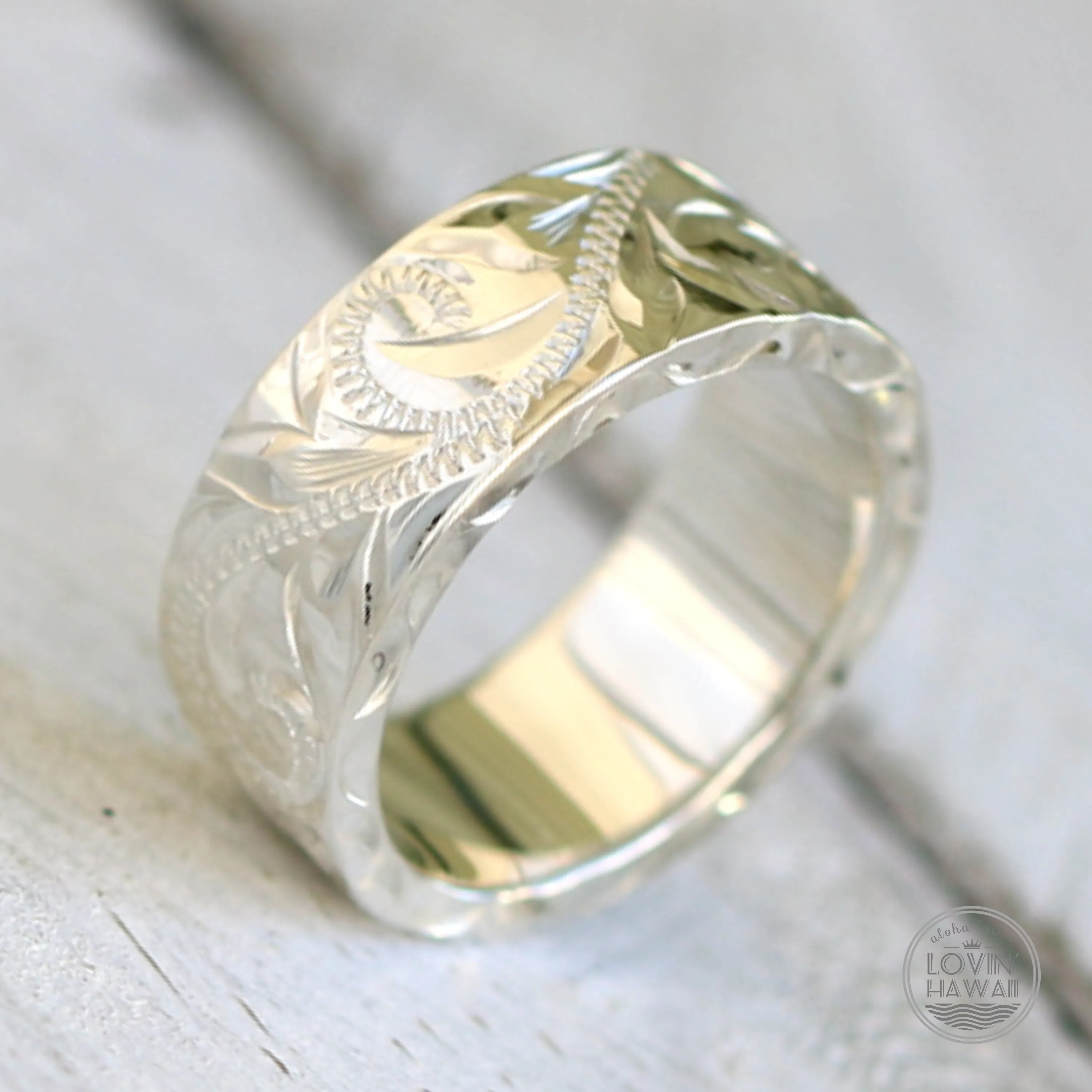 Sterling Silver Hawaiian Ring, Hand Engraved with Hawaiian Heirloom Design (8MM, Flat Style) )
