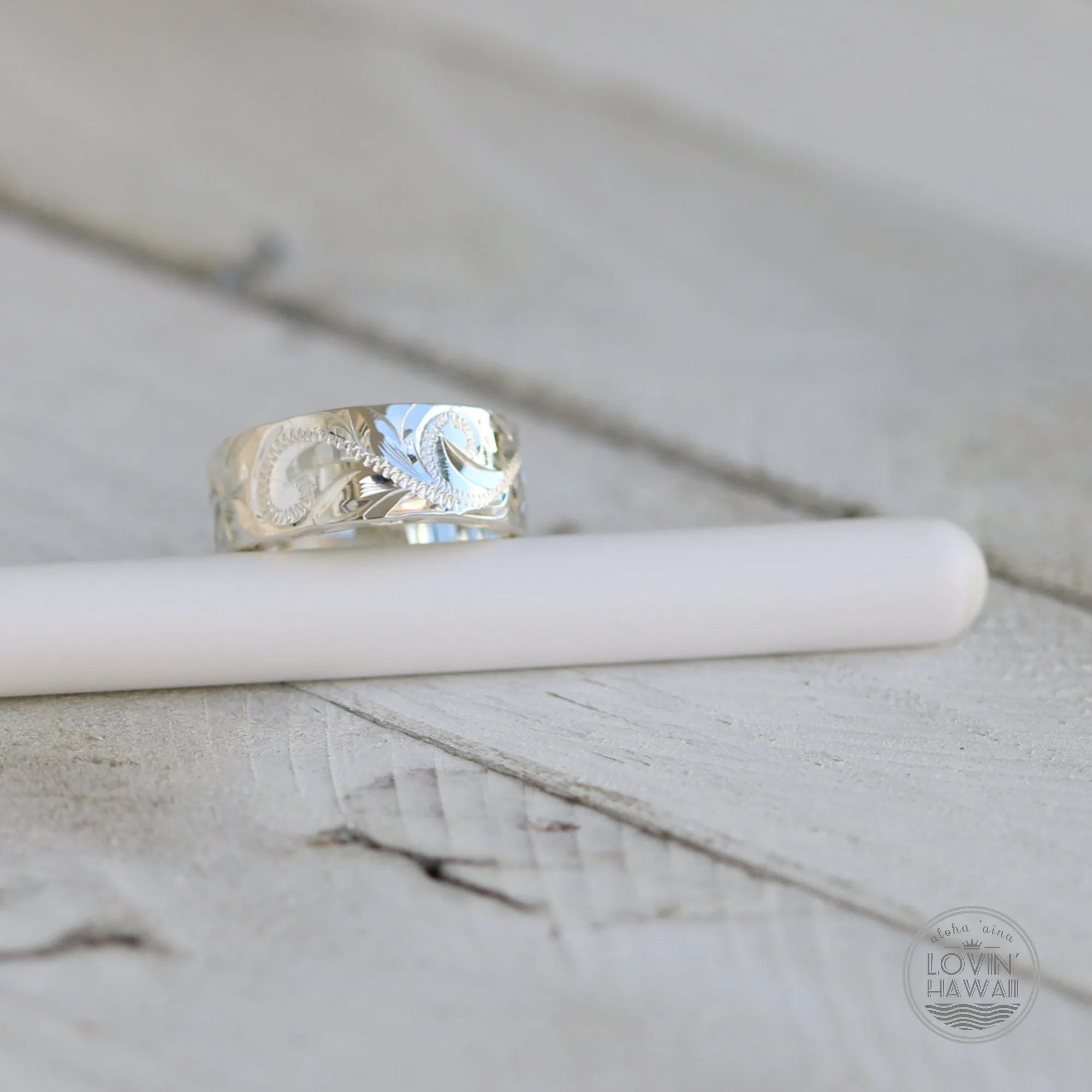 Sterling Silver Hawaiian Ring, Hand Engraved with Hawaiian Heirloom Design (8MM, Flat Style) )