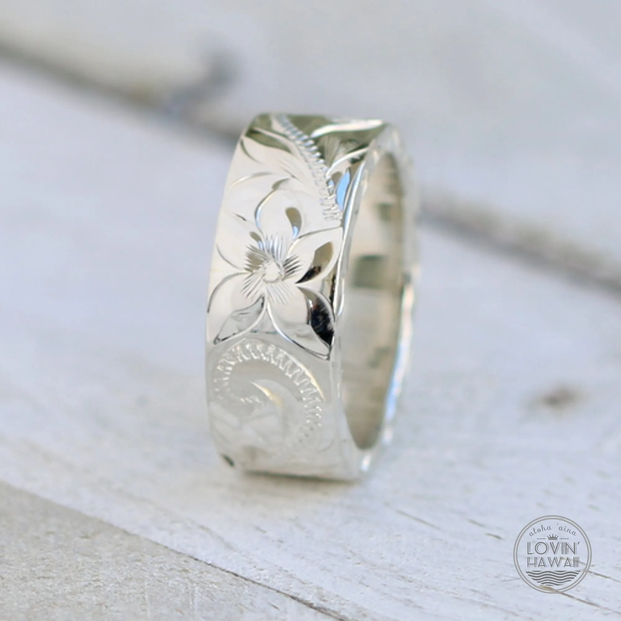 Sterling Silver Hawaiian Ring, Hand Engraved with Hawaiian Heirloom Design (8MM, Flat Style) )