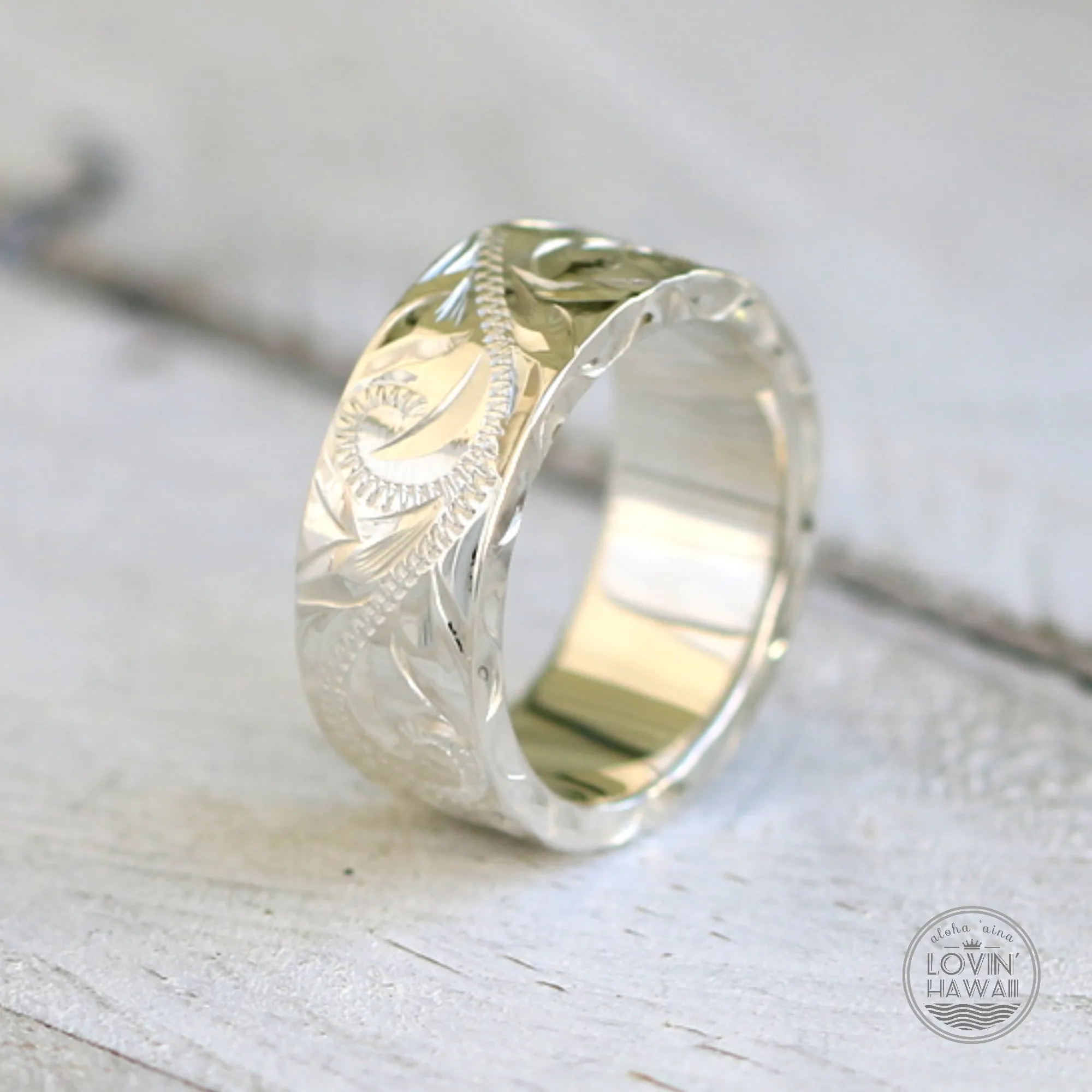 Sterling Silver Hawaiian Ring, Hand Engraved with Hawaiian Heirloom Design (8MM, Flat Style) )