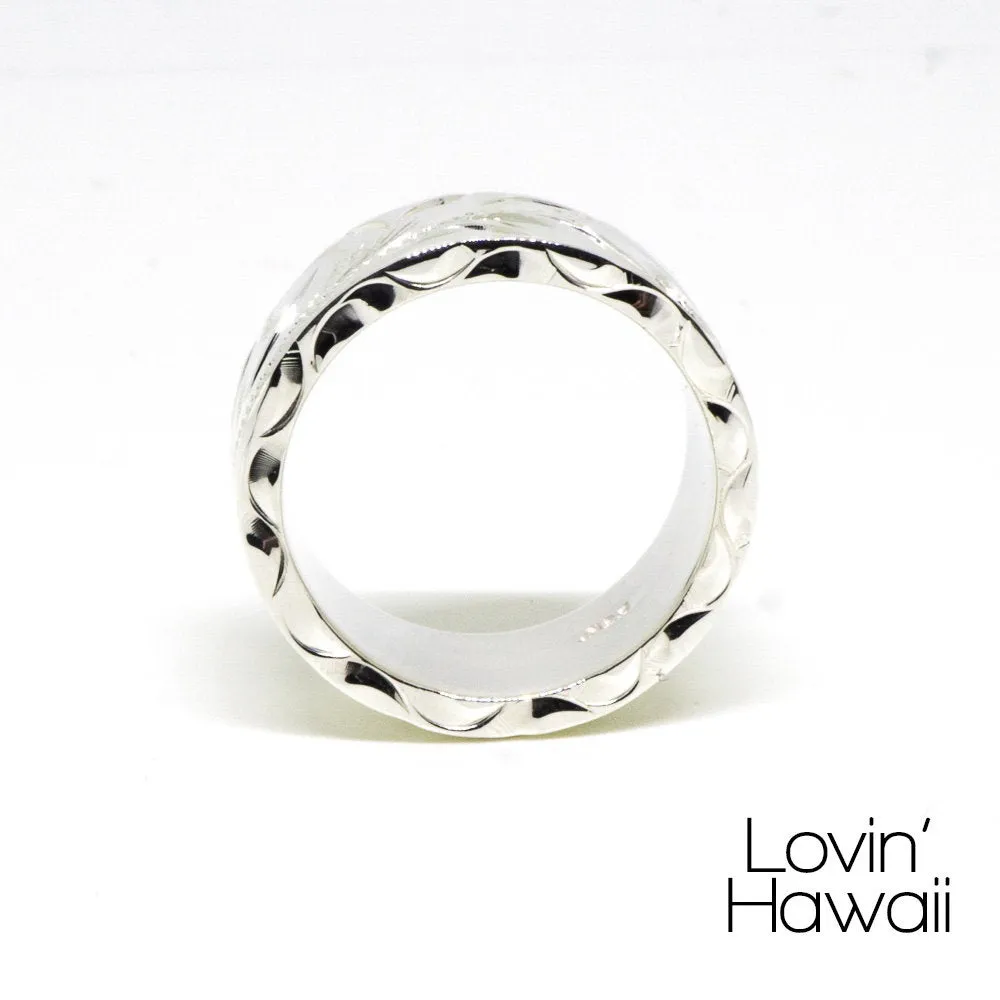 Sterling Silver Hawaiian Ring, Hand Engraved with Hawaiian Heirloom Design (8MM, Flat Style) )