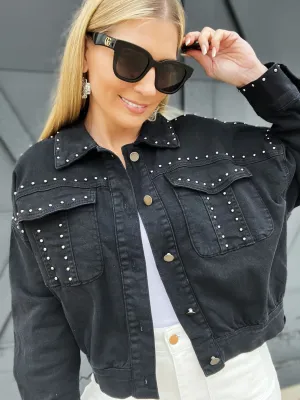Studded Denim Jacket-Ash Black
