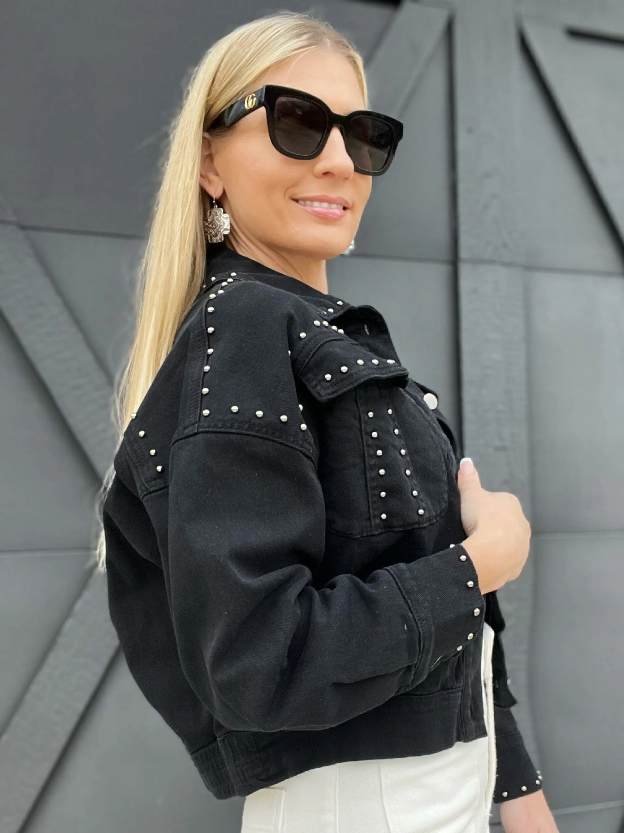 Studded Denim Jacket-Ash Black