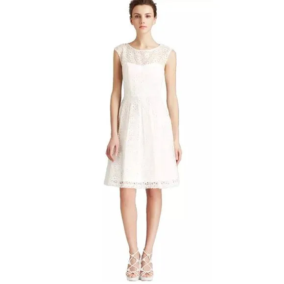 Sue Wong White Eyelet Illusion Bodice Fit &amp; Flare Party Dress 4 Cocktail Wedding