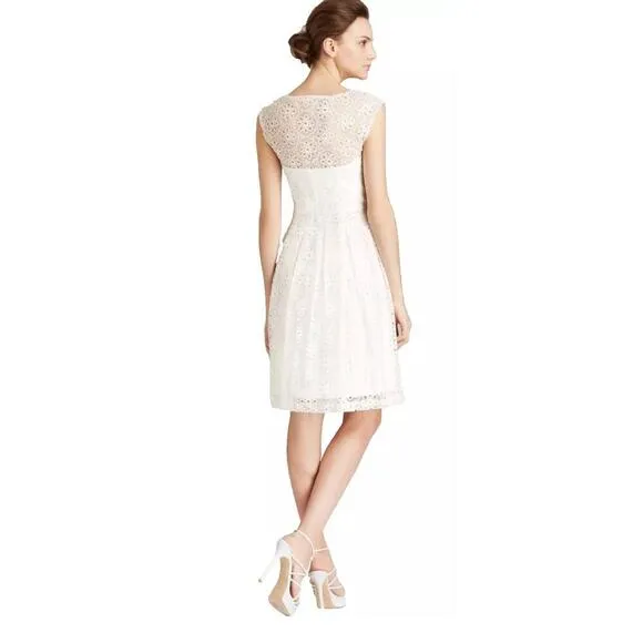Sue Wong White Eyelet Illusion Bodice Fit &amp; Flare Party Dress 4 Cocktail Wedding