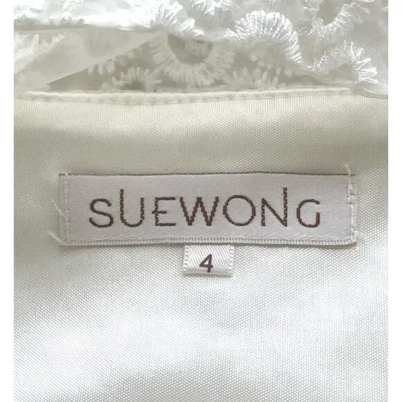 Sue Wong White Eyelet Illusion Bodice Fit &amp; Flare Party Dress 4 Cocktail Wedding