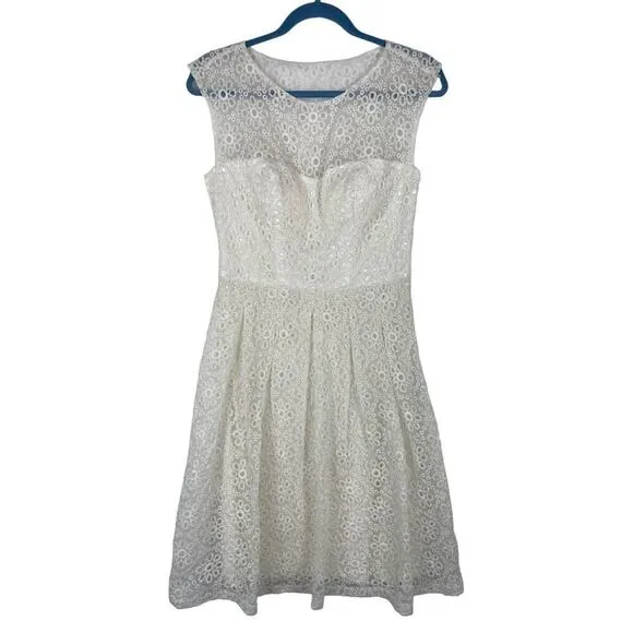 Sue Wong White Eyelet Illusion Bodice Fit &amp; Flare Party Dress 4 Cocktail Wedding