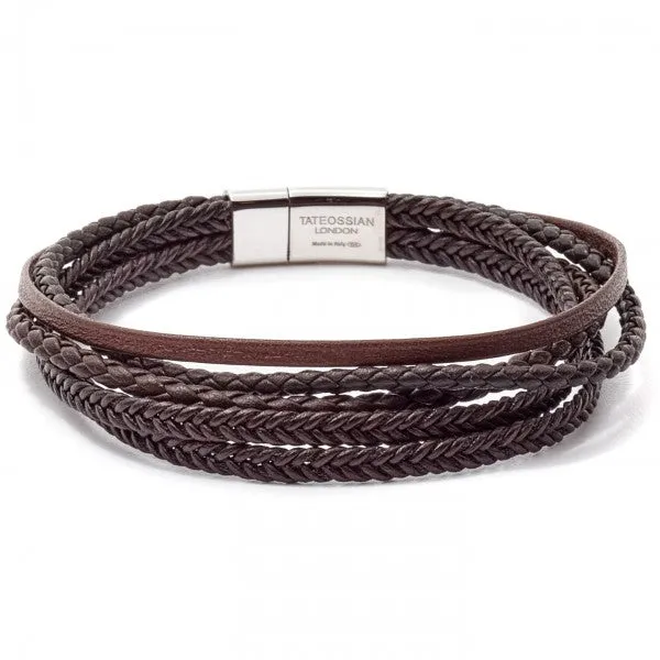 Tateossian Cobra 5 Strand Braid Bracelet with Rhodium Plated Sterling Silver Clasp, Brown