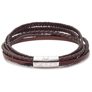 Tateossian Cobra 5 Strand Braid Bracelet with Rhodium Plated Sterling Silver Clasp, Brown