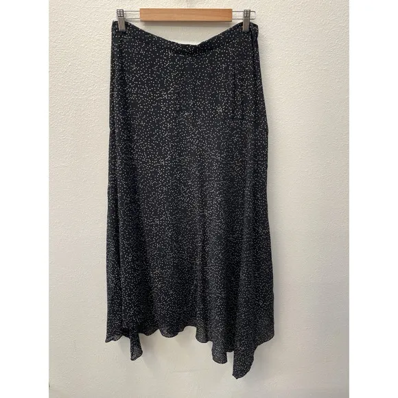 Theory Silk Drape Maxi Skirt Womens Size 10 Black White Dot Asymmetric Flowy