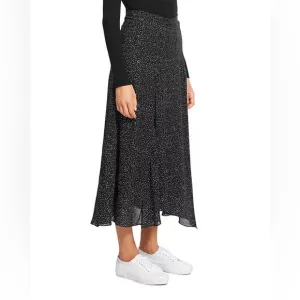 Theory Silk Drape Maxi Skirt Womens Size 10 Black White Dot Asymmetric Flowy