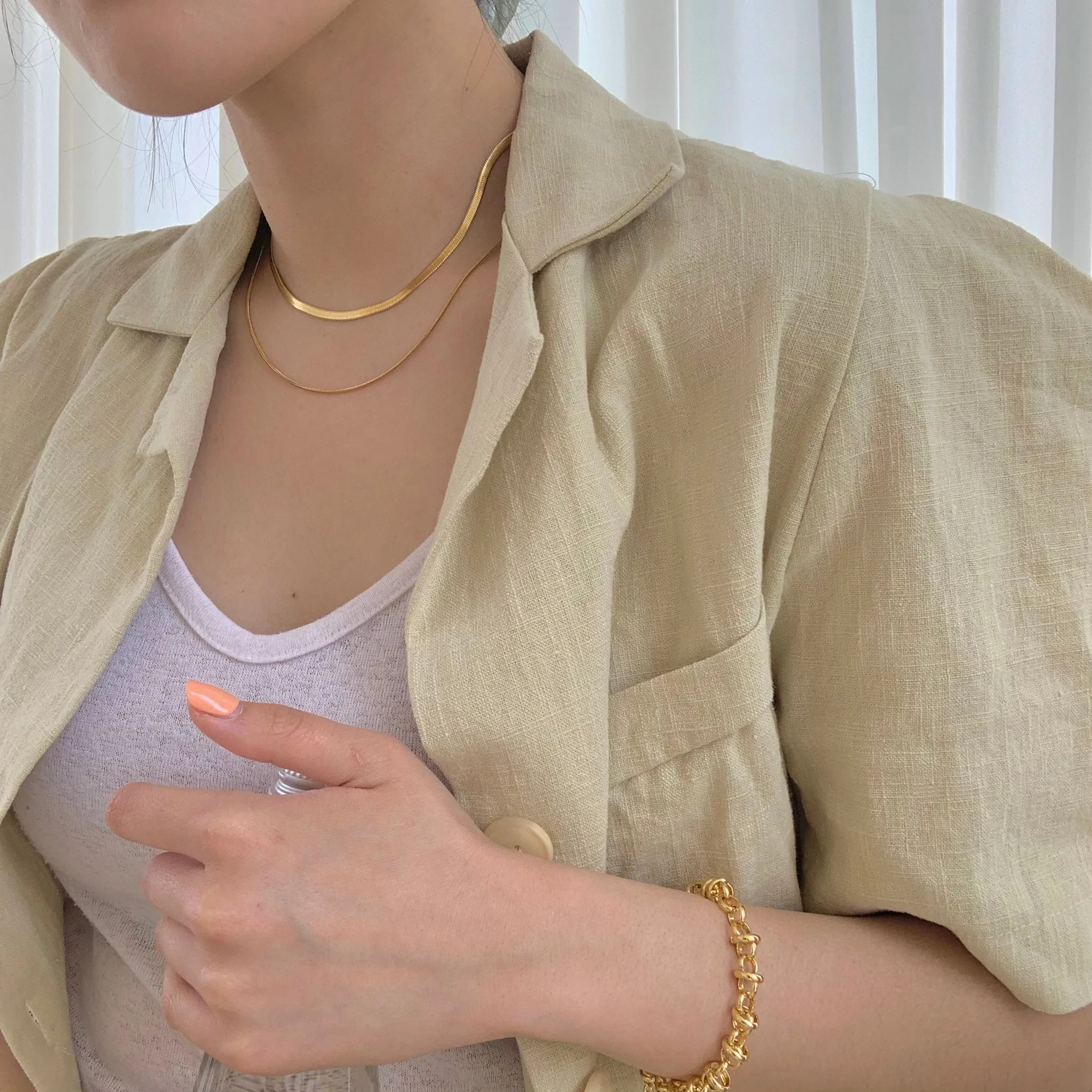 Thick   Thin 18K Gold Plated Flat Snake Chain Layered Necklace Set