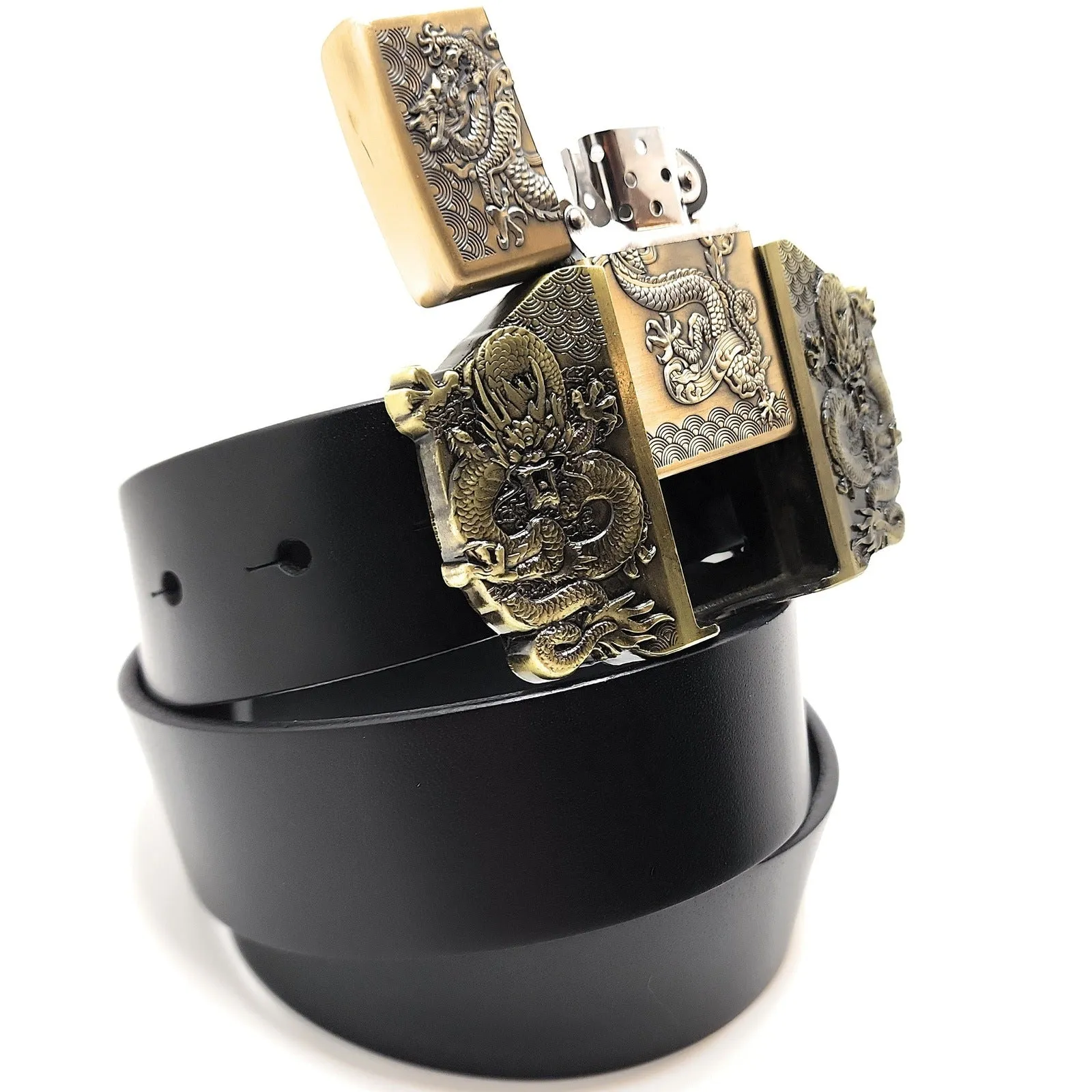 Triple Dragons Lighter Belt Buckle and Genuine Leather Belt