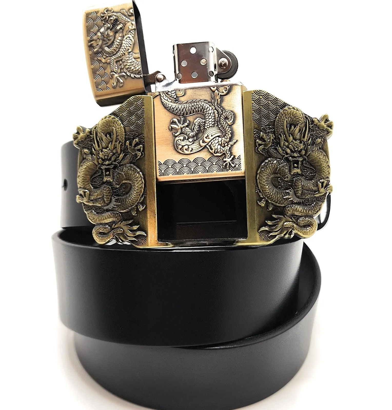 Triple Dragons Lighter Belt Buckle and Genuine Leather Belt