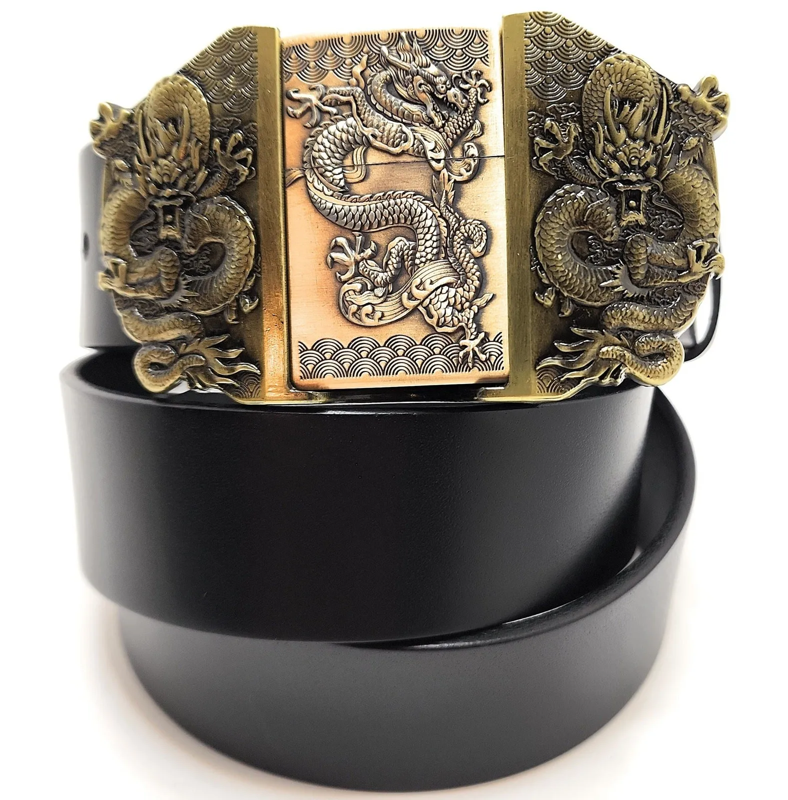 Triple Dragons Lighter Belt Buckle and Genuine Leather Belt